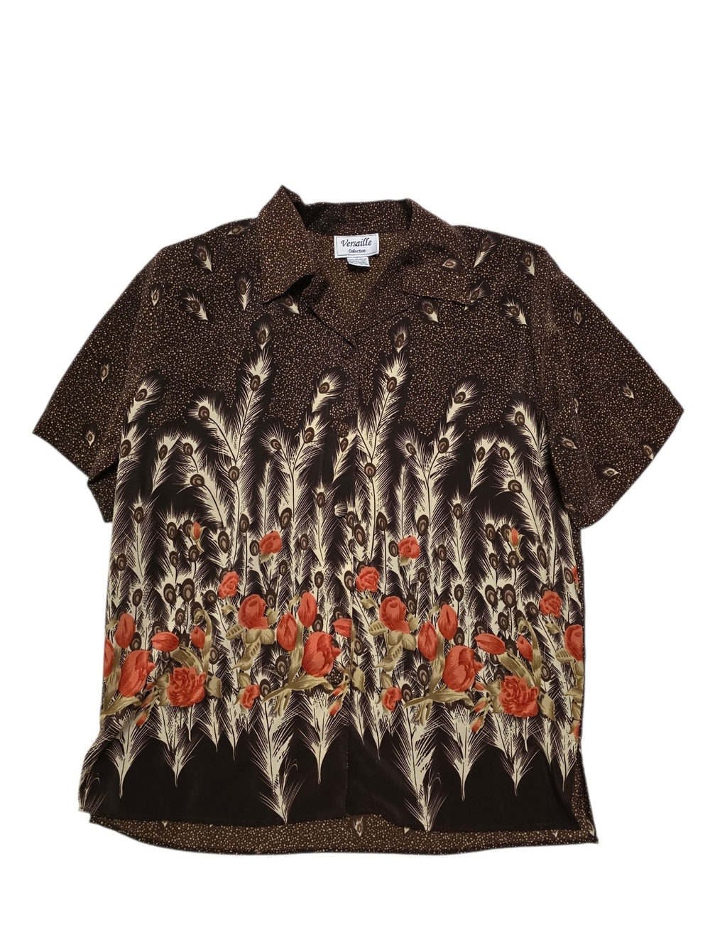 Versaille Collection Vintage Brown Short-Sleeve Floral & Feather Print Blouse
